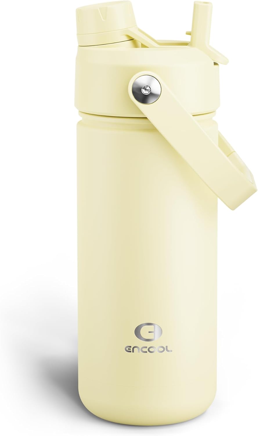 ENCOOL Insulated Water Bottle with Straw Stainless Steel Water Bottle, Leak-Proof, BPA-Free, Double Wall Vacuum Keeps Cold for 24 Hours for Sports, Travel, School (18 oz, Light Vanilla)