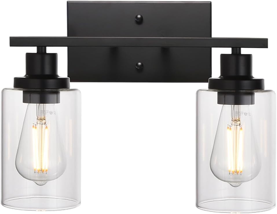 MELUCEE 2-Light Black Wall Sconce Industrial Vintage with Clear Glass Shade and Metal Base, Bathroom Vanity Lights Hallway Light Fixture Sconces Wall Lighting (Patent No.: US D963914 S)