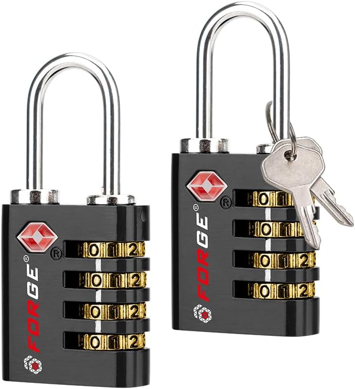 Forge Dual-Opening: Key or Combination Access Lock, Use Key to Recover Code If Forgotten, TSA Approved Locks for Luggage, Pelican case, Travel, Gym, School, Stainless Steel Shackle. (Black 2 Pk)