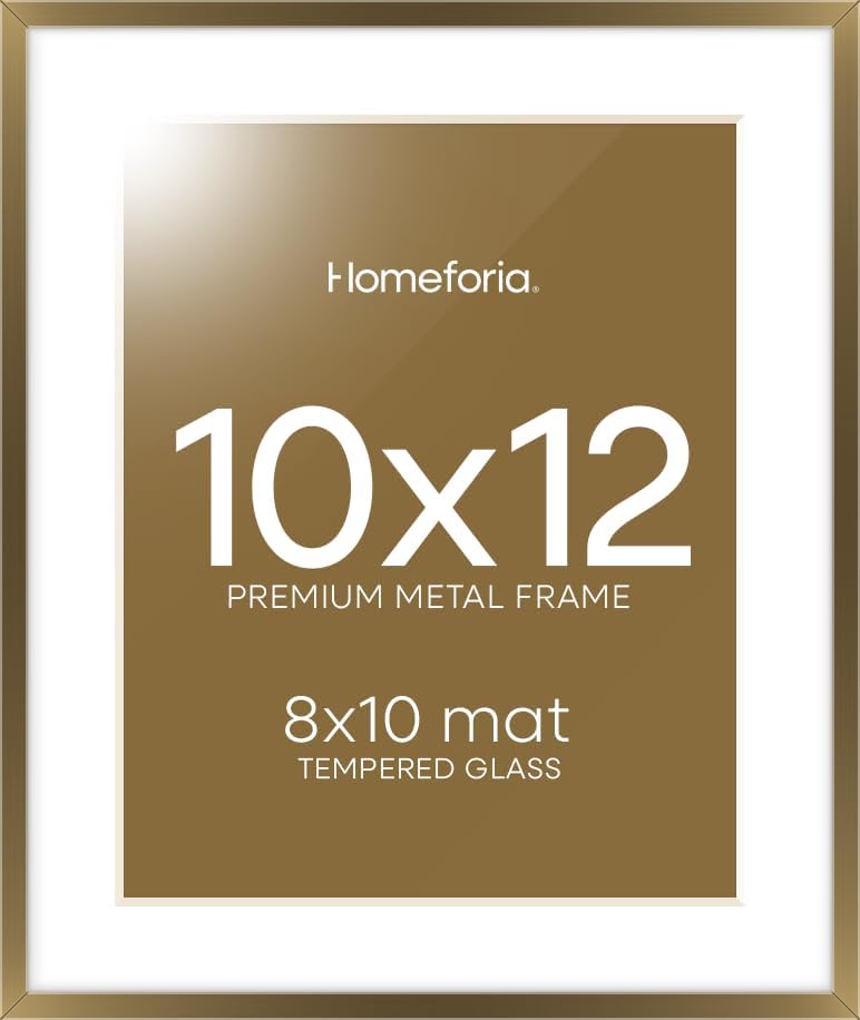 Homeforia 10x12 Bronze Picture Frame, High End Metal 10x12 Brass Frame with Mat 8x10, 10 x 12 Poster Frames Matted to 8 x 10 inch Photo, 10 by 12 Bronze Thin Frames, Tempered Glass, Wall Kit, Set of 1
