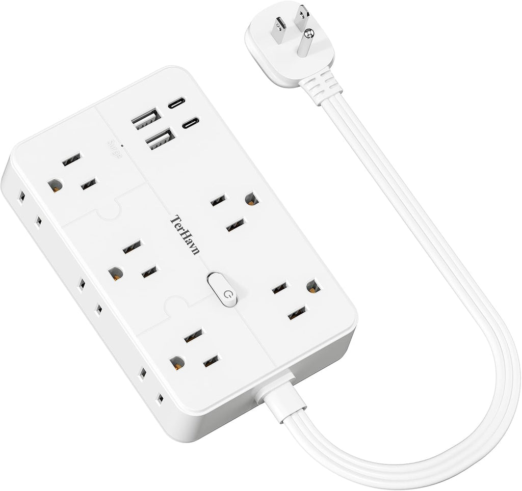 Surge Protector Power Strip 1 FT Flat Extension Cord ，10 AC Outlets & 4 USB Ports(5V/3.4A 17W), 1080J ，Wall Mountable Desktop Charging Station with Flat Plug for Office Supplies and Home, White