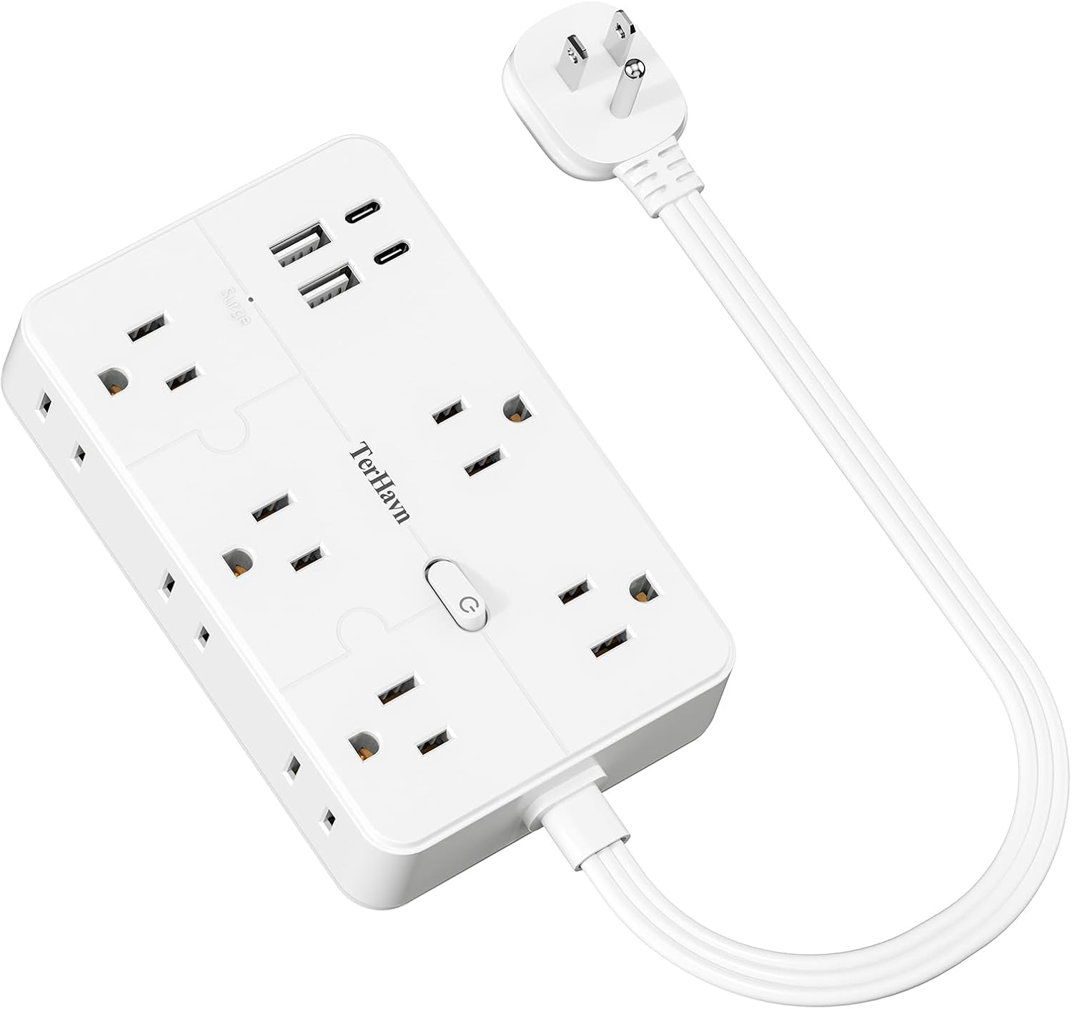Surge Protector Power Strip 1 FT Flat Extension Cord ，10 AC Outlets & 4 USB Ports(5V/3.4A 17W), 1080J ，Wall Mountable Desktop Charging Station with Flat Plug for Office Supplies and Home, White