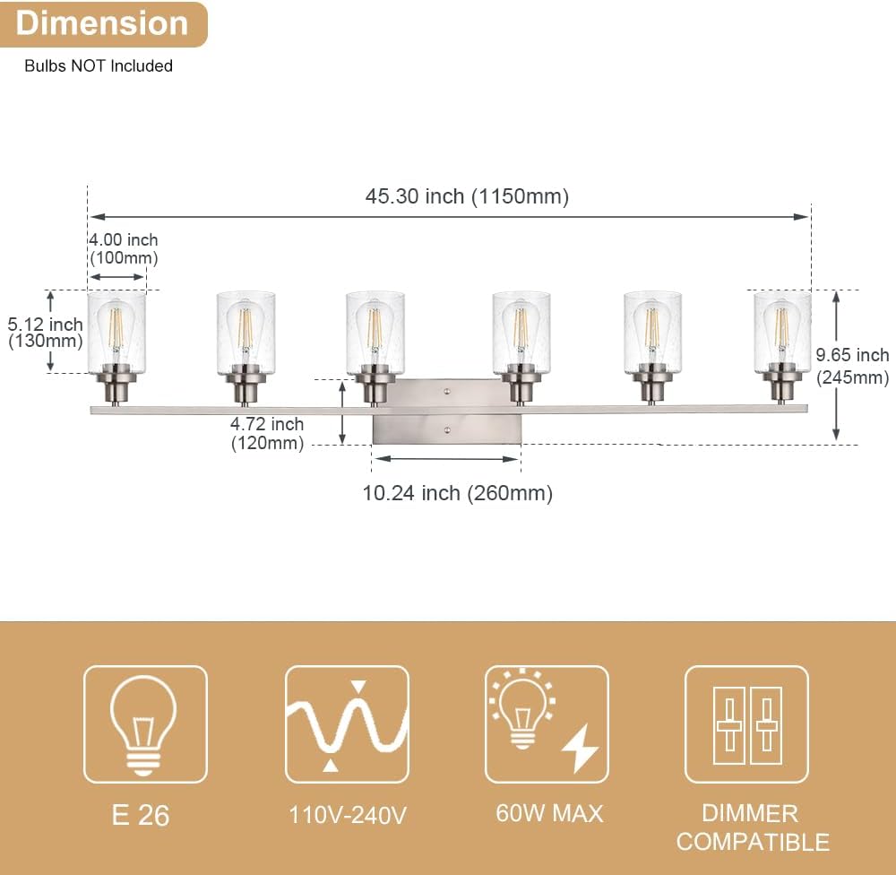 6-Lights Bathroom Vanity Light Fixtures with Seeded Glass Lampshades, 45.3-Inches Length Modern Brushed Nickel Wall Light Fixture for Kitchen Bathroom Lighting