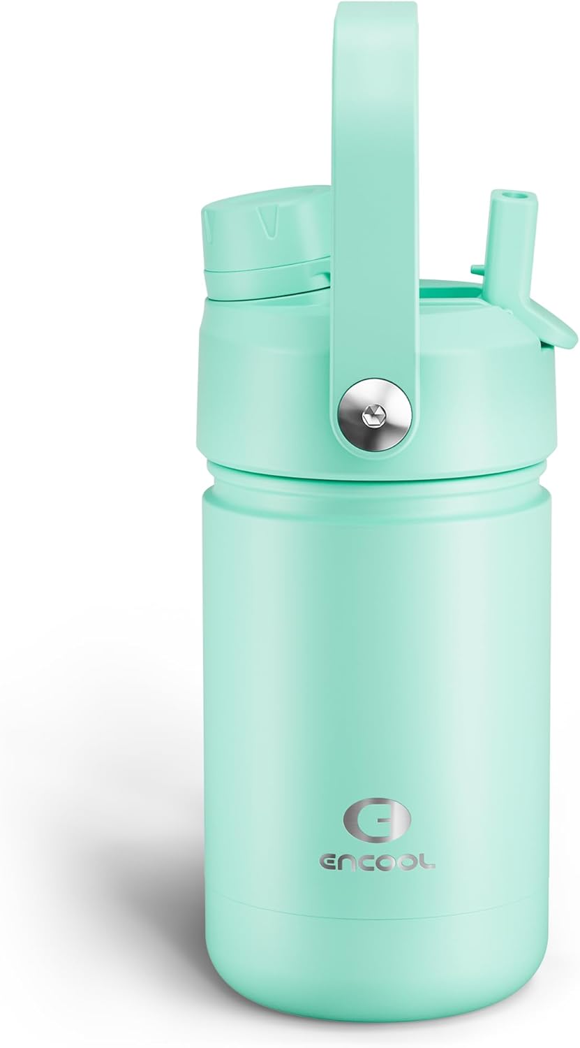 Kids Insualated Water Bottle with Straw - 12oz Stainless Steel Water Bottle with Dual Spouts, Leak-Proof, BPA-Free, Double Wall Vacuum Keeps Cold for 24 Hours for Sports, Travel, School (Brook Green)