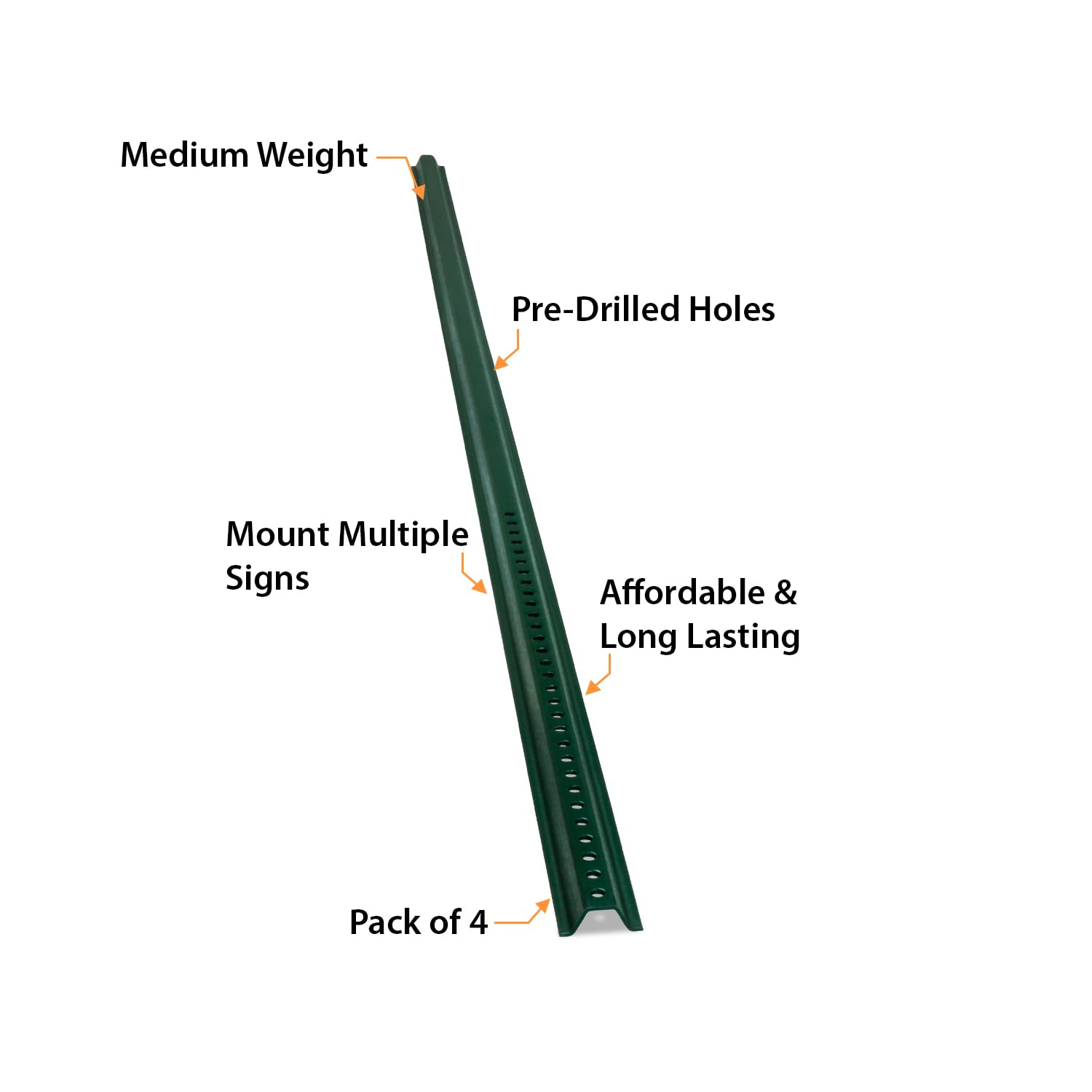 SmartSign U-Channel Sign Post, 8' Tall, 1.12LB Medium Weight, Green Baked Enamel Steel Post - Pack of 4