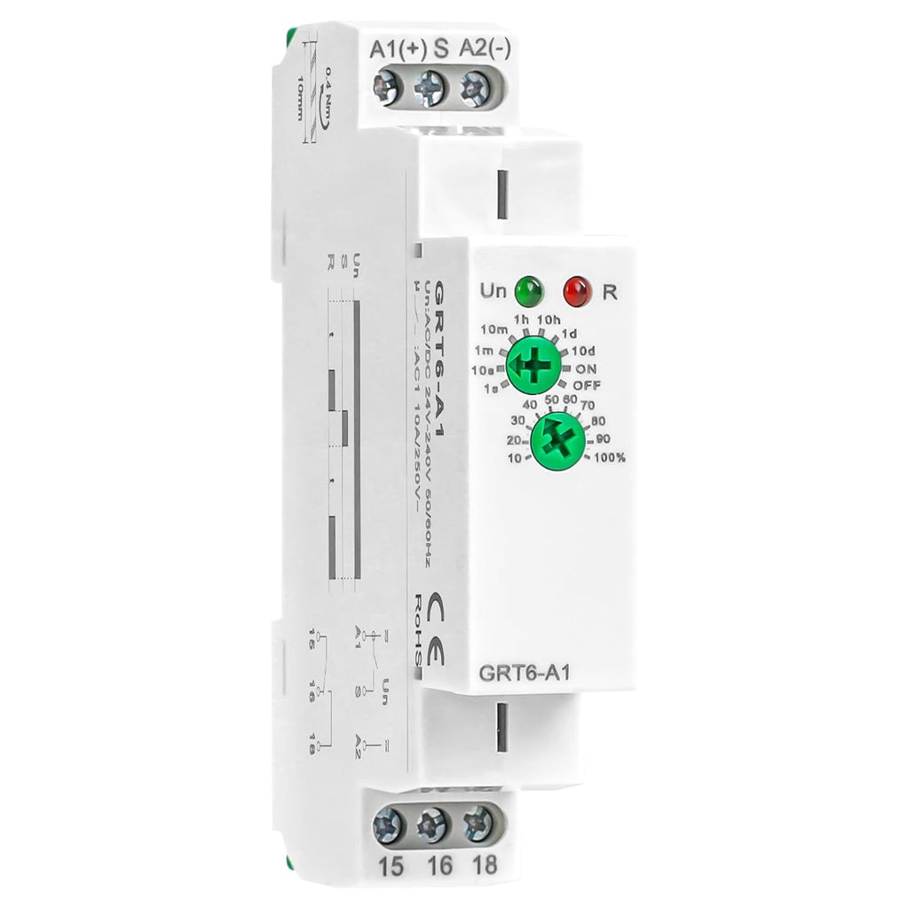 Delay On 10A Timer Relay, 24V Time Relay GRT6 A1 Voltage Range AC DC 24V to 240V DIN Rail Electronic Relays of Wide Time Delay Range for 0.1 Seconds to 10 Days