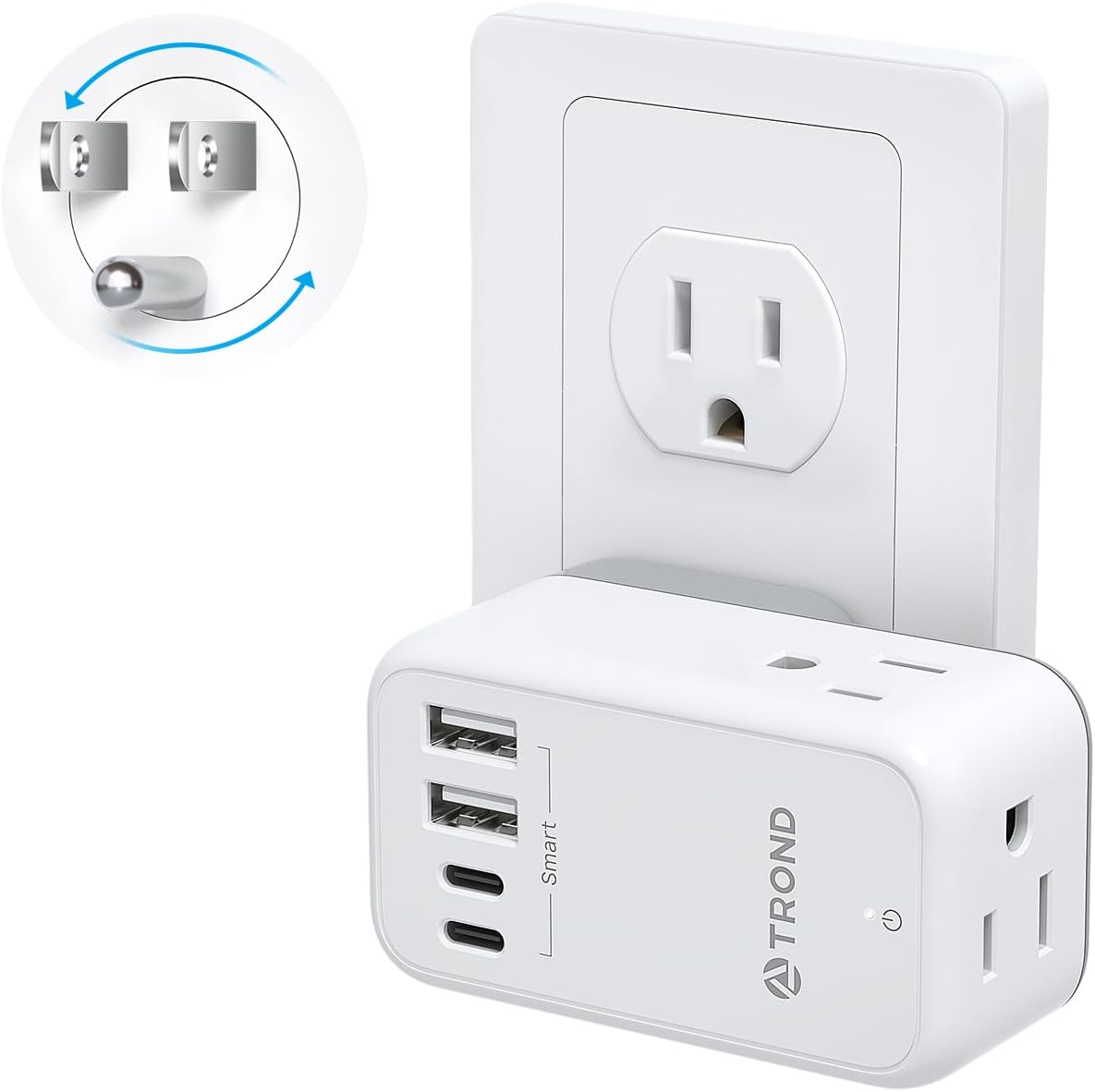 TROND Outlet Splitter with 360 Rotating Plug, 3 AC Plug Extender with 2 USB-C & 2 USB-A Ports, Additional Outlets off to Side, Useful Adapter with Rotating Design for Home Travel Cruise Essentials