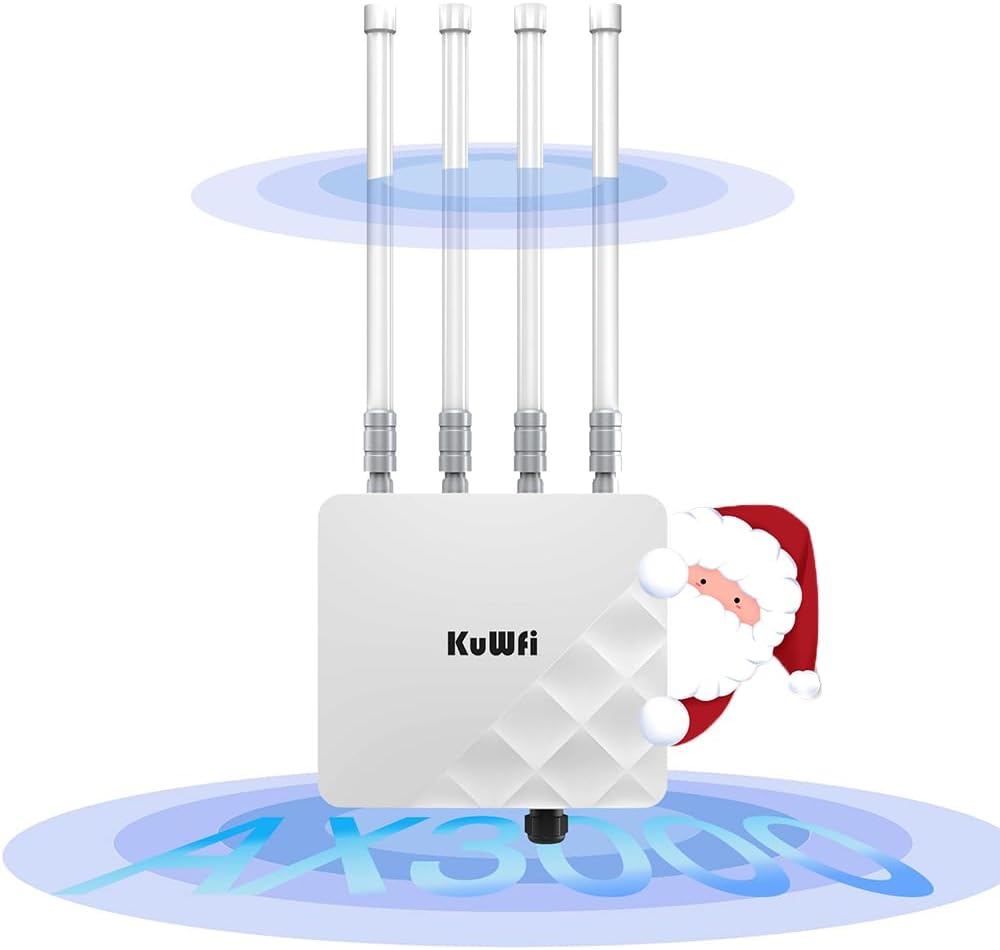 KuWFi Outdoor WiFi 6 Access Point, 3000Mbps Long Range Extender, IP67 Waterproof, PoE+ Powered, Cloud Managed, Supports 256 Users, Ideal for 300-500m Coverage, Compatible with Starlink