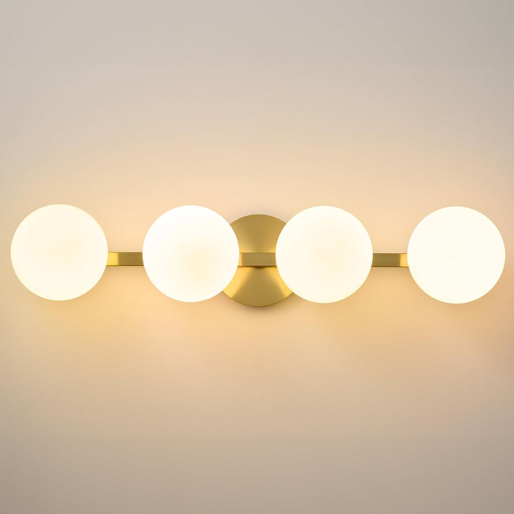 Bathroom Vanity Mirror Light Fixtures: 4 Lights Bath Wall Sconce Lighting - Brass Gold Vanity Lights with Milk Glass Shade - Modern Minimalist Makeup Light Fixture Above Mirror for Hallway E26 Base