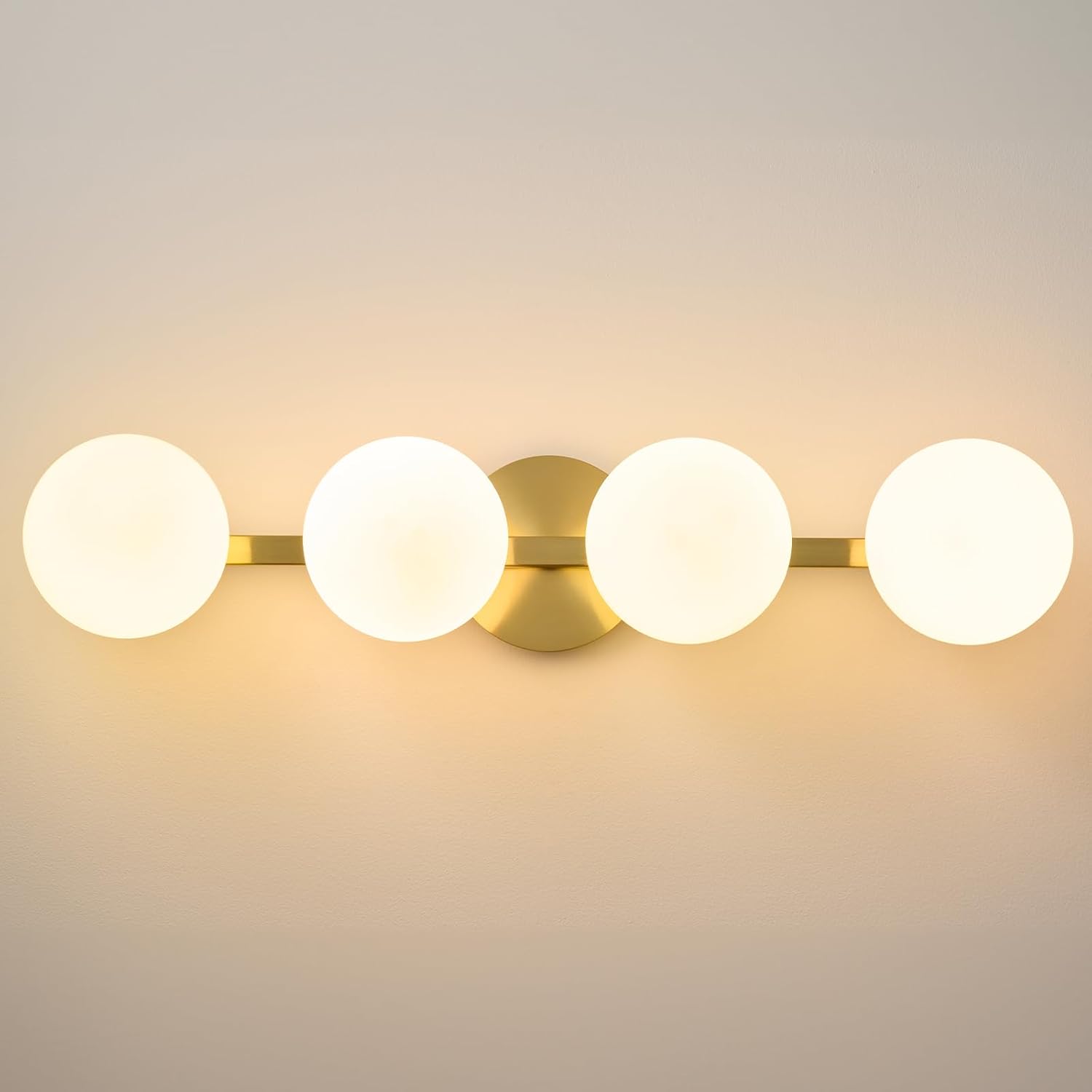 Bathroom Vanity Mirror Light Fixtures: 4 Lights Bath Wall Sconce Lighting - Brass Gold Vanity Lights with Milk Glass Shade - Modern Minimalist Makeup Light Fixture Above Mirror for Hallway E26 Base