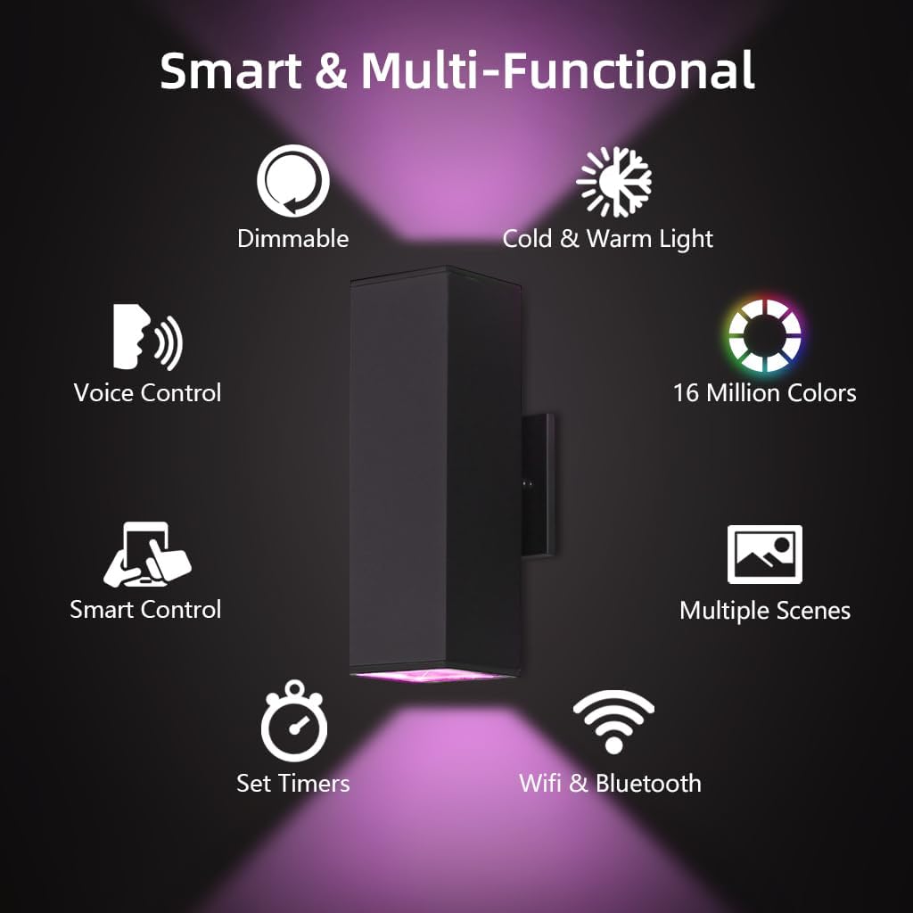 KIZON Smart Porch Lights 2 Pack, Modern Dusk to Dawn Exterior Lighting Fixtures Color Changing App Control with Remote, Dimmable RGB Outdoor Wall Lights for House Patio Garage Theater, ETL Listed