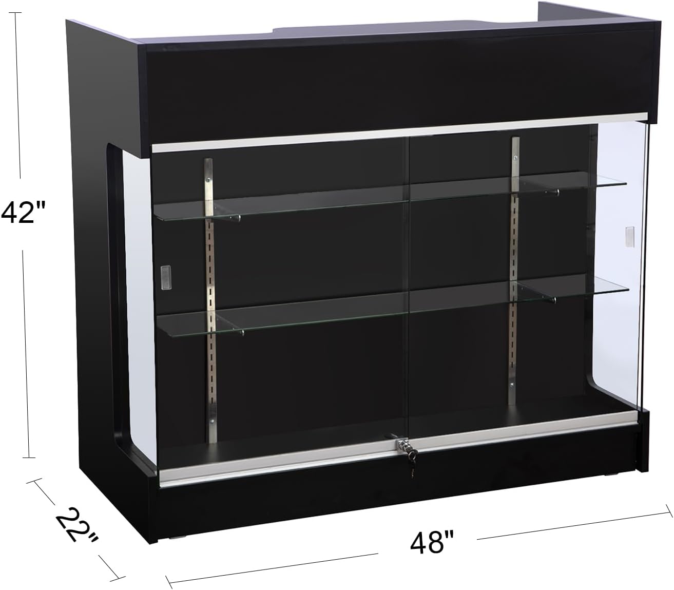 48" W x 22" D x 42" H - Retail Sales Counter with Adjustable Glass Shelves, Tempered Glass, Black Laminated Particle Board, Locking Drawers