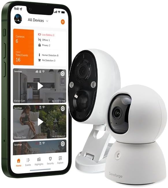 Sensforge 2.5K Indoor & Outdoor Security Camera Bundle, Wired Pan-Tilt + Battery Camera Set, Human/Pet/Vehicle Detection, Dual-Band Wi-Fi (2.4G/5G), Local SD Storage, No Monthly Fees