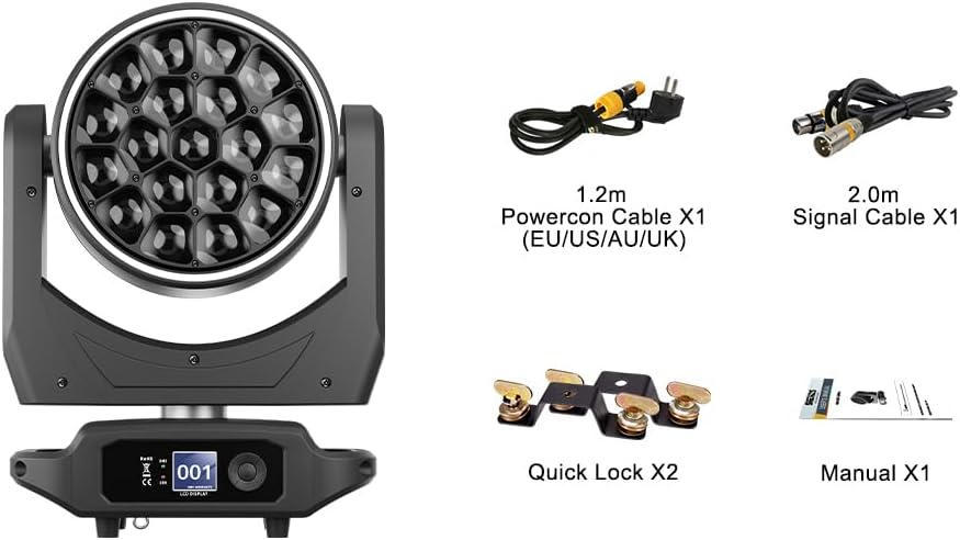 SHEHDS 19x40W LED Moving Head Light, RGBW LED Stage Light with RGB Ring Effects, with Zoom, Beam Effect, 360° Rotation, for Outdoor Concert Performance, Theater, School Show