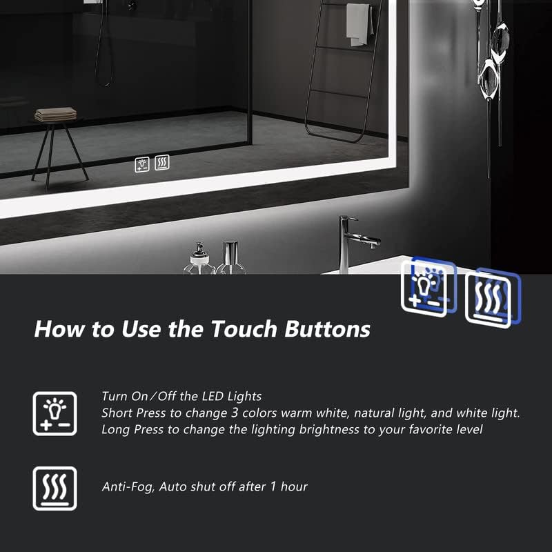 ROOMTEC 48X30 Inch Led Mirror for Bathroom,Backlit Lighted,Anti-Fog, Dimmable, Vertical & Horizontal Mount (Square-48 * 30",Frosted), Silver
