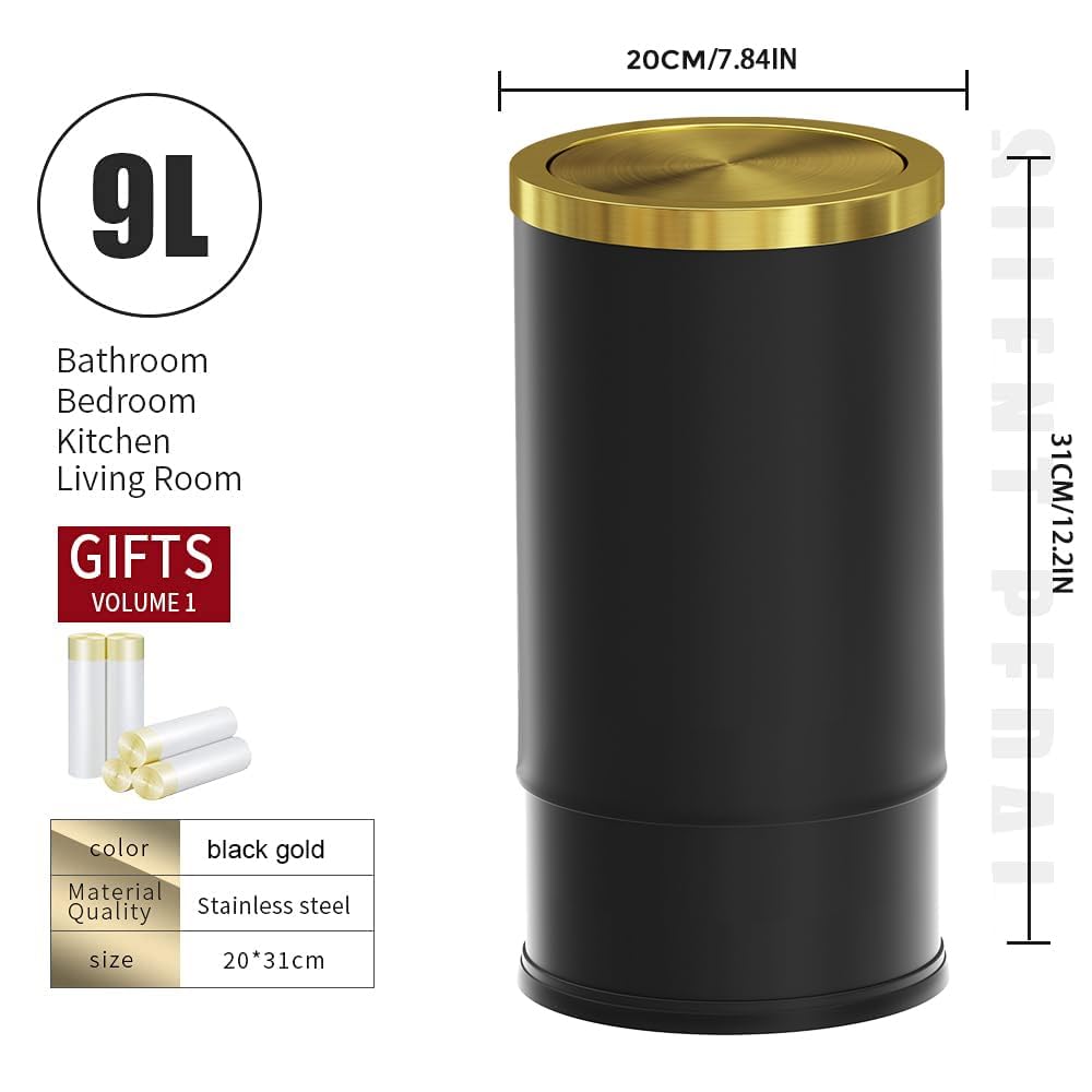 Brushed Brass Garbage can,Bathroom Trash can with lid，Modern Small Trash Can with Flipping Lid, 9 L,Garbage cans for Bathroom, Kitchen,Bedroom, Metallic Gold (Black（Double）)