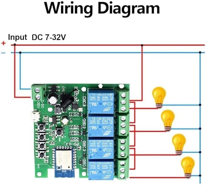 Tuya 4CH Smart Life WiFi Momentary Inching Relay Self-Locking Switch Module,DC/AC 7-32V/USB 5V WiFi RF Bluetooth Relay, Compatible with Alexa Goolge Home