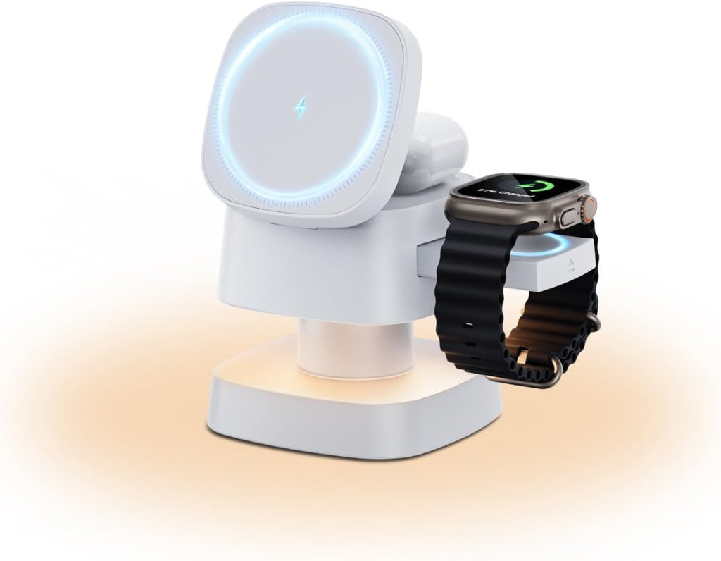 4 in 1 Magnetic Wireless Charging Station,15W Fast Charging with Adjustable Night Light,3 in 1 Wireless Charging Station for iPhone 17/16/15/14/13/12/11 Pro Max & Apple Watch,AirPods (White)