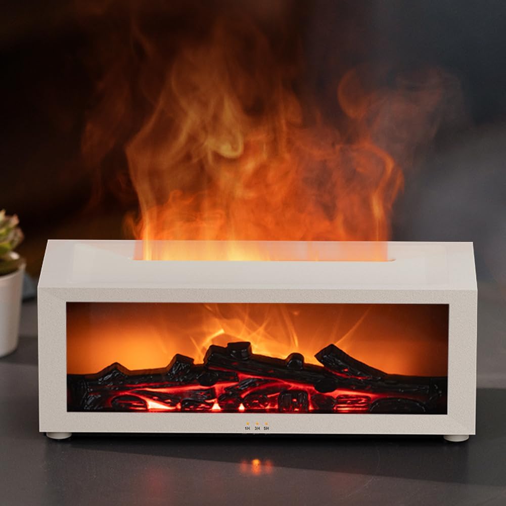 Essential Oil Diffuser, Fireplace Flame Oil Diffuser - Aromatherapy Aroma Humidifier, Upgrade 7 Flame Colors Noiseless 150ml Remote Control - Perfect for Bedroom Home Office (Fireplace White)