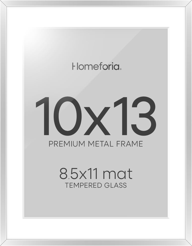 Homeforia 10x13 Picture Frame Silver, High End Metal 10x13 Frames with Mat 8.5x11, 10 x 13 Silver Poster Frames Matted to 8.5 x 11 inch Photo, 10by13 Hanging Frames, Tempered Glass, Wall Kit, Set of 1