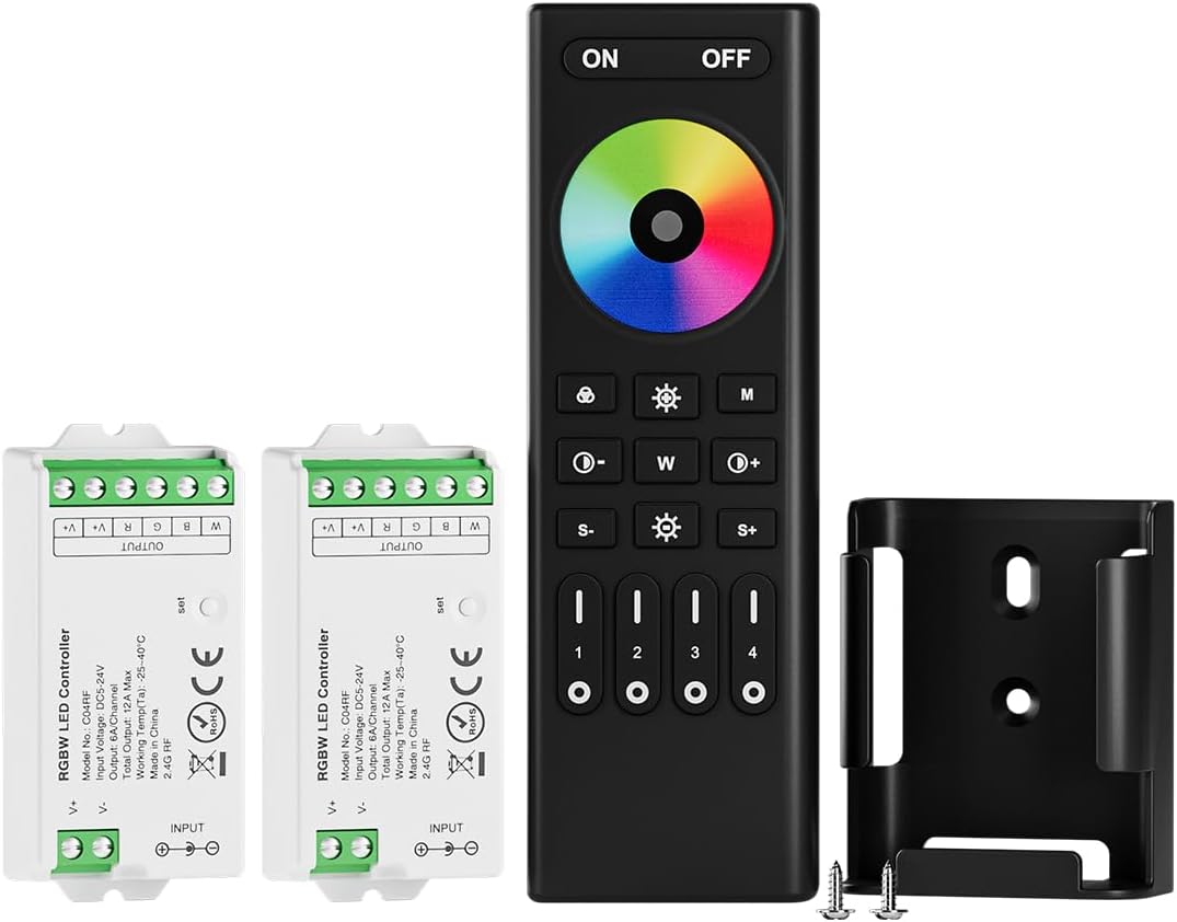 BTF-LIGHTING 2.4GHz Wireless RF Remote RC03RFB &2PCS C04RF Tuya Controller Kit 4 Zones Group Control 5050SMD FCOB COB PWM RGBW (+ R G B W) 5pin LED Strip DC5V DC12V DC24V