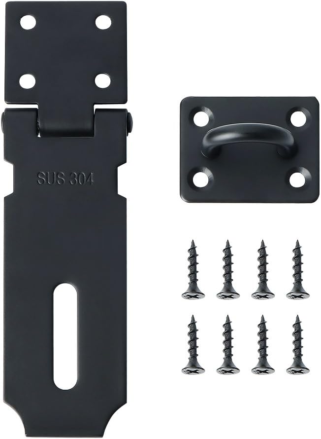 Alise Door Lock Hasp Latch,4 Inch SUS 304 Stainless Steel Safety Packlock Clasp Hasp Lock Latch with Fixing Screw for External Doors Window Cabinet Pet Cage, Black,MS99-B