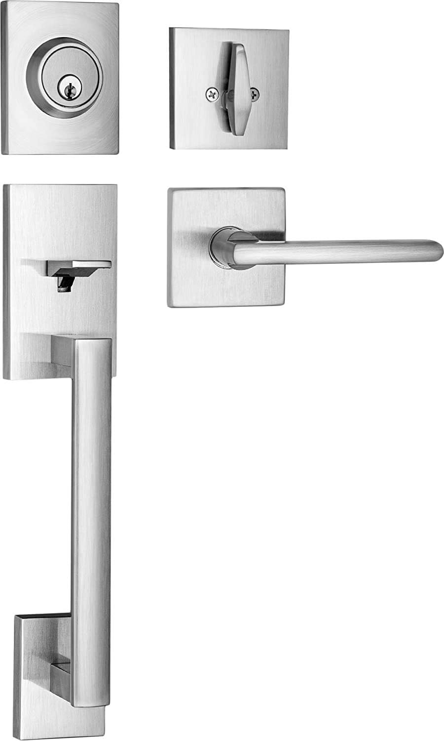 Berlin Modisch HandleSet Front Door Entry Handle and Deadbolt Lock Set Slim Square Single Cylinder Deadbolt and Lever Reversible for Right & Left Sided Doors Heavy Duty – Satin Nickel Finish