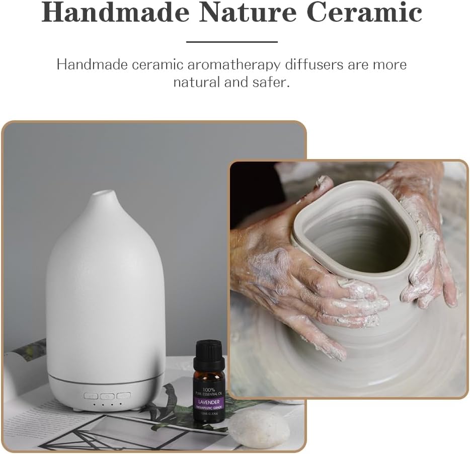Essential Oil Diffusers, Aromatherapy Diffuser for Essential Oils, 100ml Ceramic Oil Diffusers for Large Room - 5 Timers, Warm Ambient Light, Auto-Off