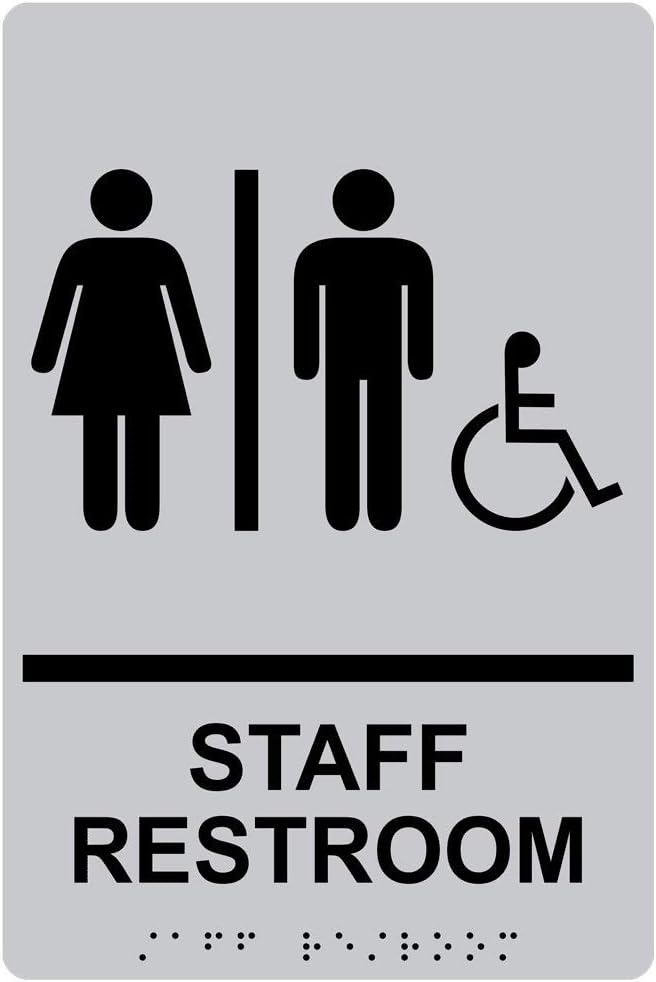 ComplianceSigns.com Staff Restroom Sign, ADA-Compliant Braille and Raised Letters, 9x6 in. Black on Silver Acrylic with Adhesive Mounting Strips