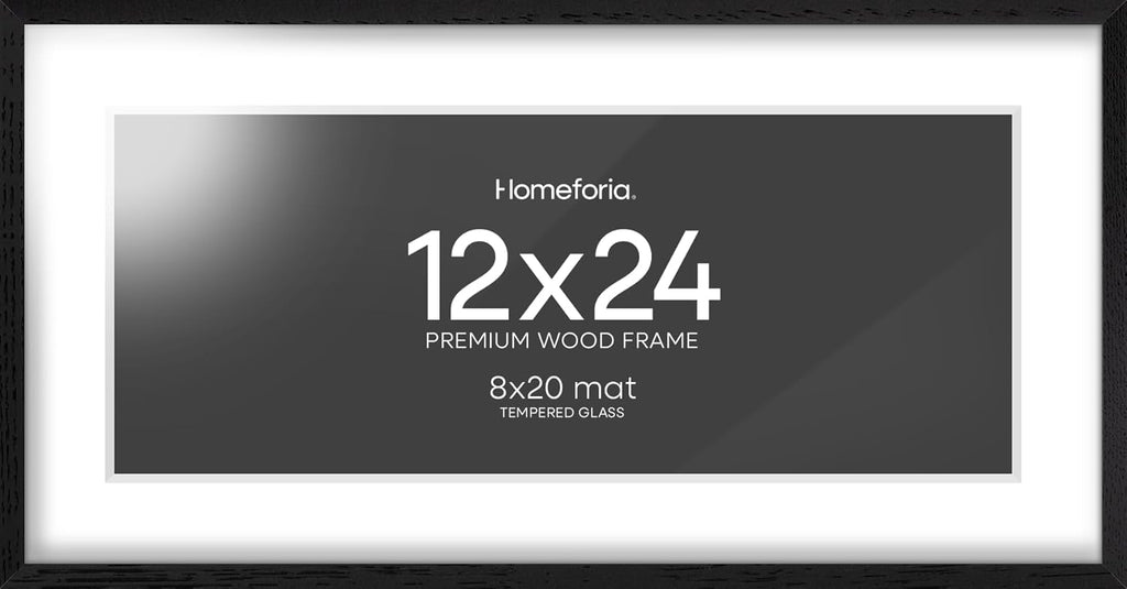 Homeforia 12x24 Black Wood Picture Frame, High End Oak 12x24 Poster Frames with Mat 8x20 Photo, 12 x 24 Black Wooden Frames Matted to 8 by 20, 24x12 Panoramic Frame, Tempered Glass, Wall Kit, Set of 1