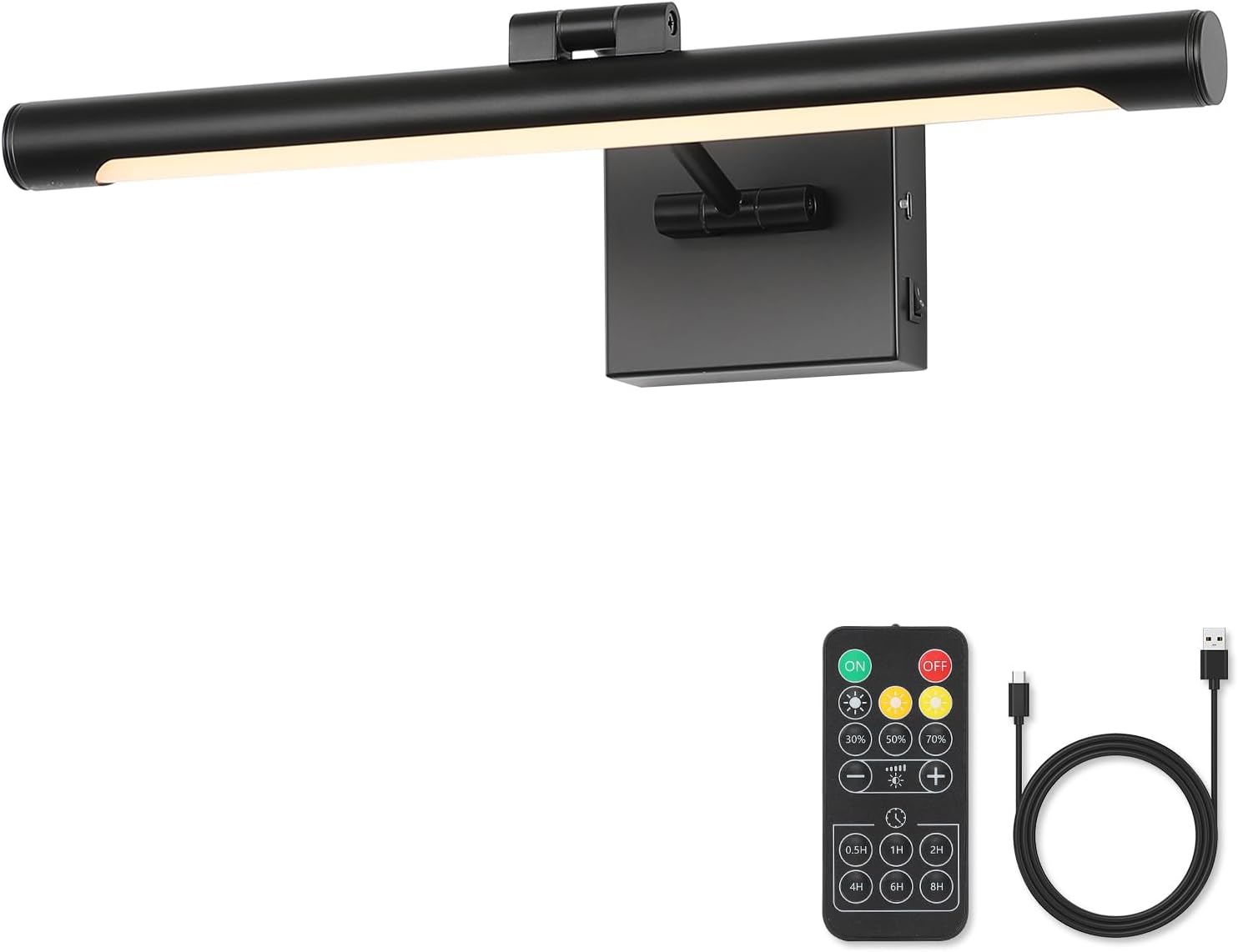 Joosenhouse Battery Operated Picture Light Rechargeable Art Light Wireless Gallery Light with Remote Control and Timed Dimmable with Single Swing Arm 16.54 Inch Warm White Black