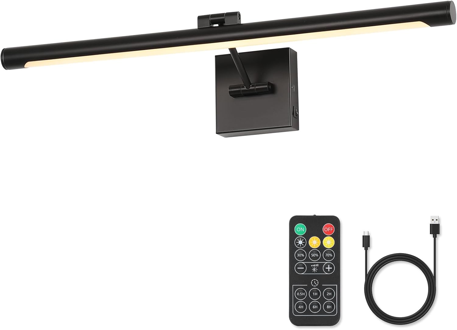Joosenhouse Battery Operated Picture Lights for Wall Rechargeable Art Lighting for Paintings Wireless Gallery Lights with Remote Control and Timed Dimmable with Single Swing Arm 24.4 Inch Black