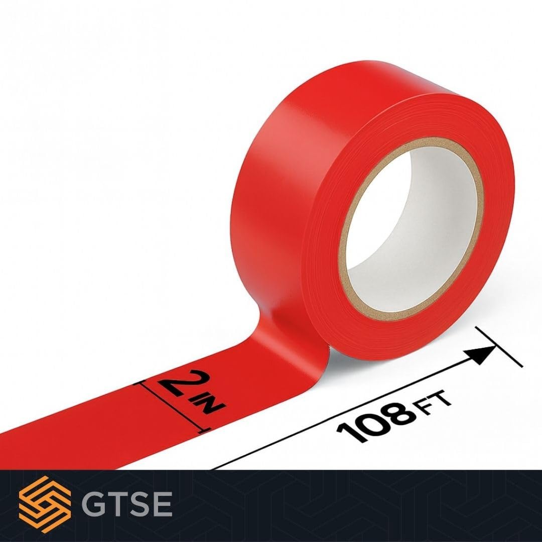 GTSE 2 inch x 108 ft Red PVC Vinyl Floor Tape, Safety Marking Tape, 6 mil Thick, Suitable for Dance Floors, Gyms, Warehouses, Sports Facilities