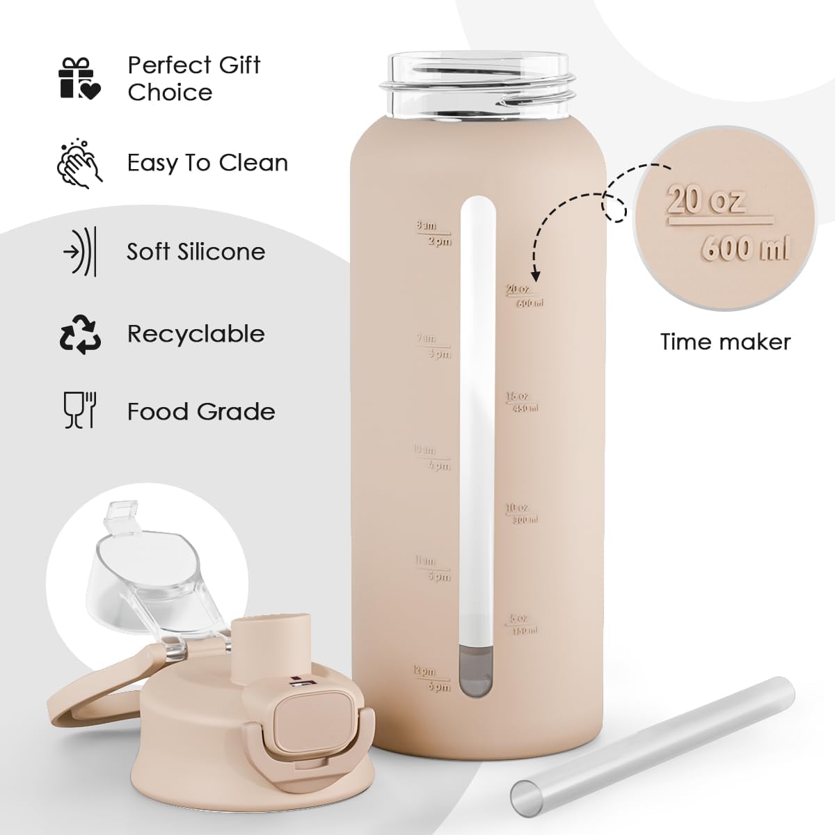 SANDJEST Glass Water Bottle with Silicone Sleeve 24oz with Lid, Motivational Time Marker, Drinking Hydration Glass Bottles for Men Women, Gym Travel Sports (Beige)