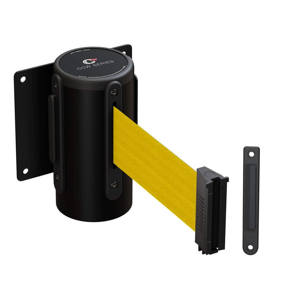 Crowd Control Warehouse - CCW Series WMB-120 Fixed Wall Mount Retractable Belt Barrier - 11 Foot, Yellow Belt with Black Steel Case