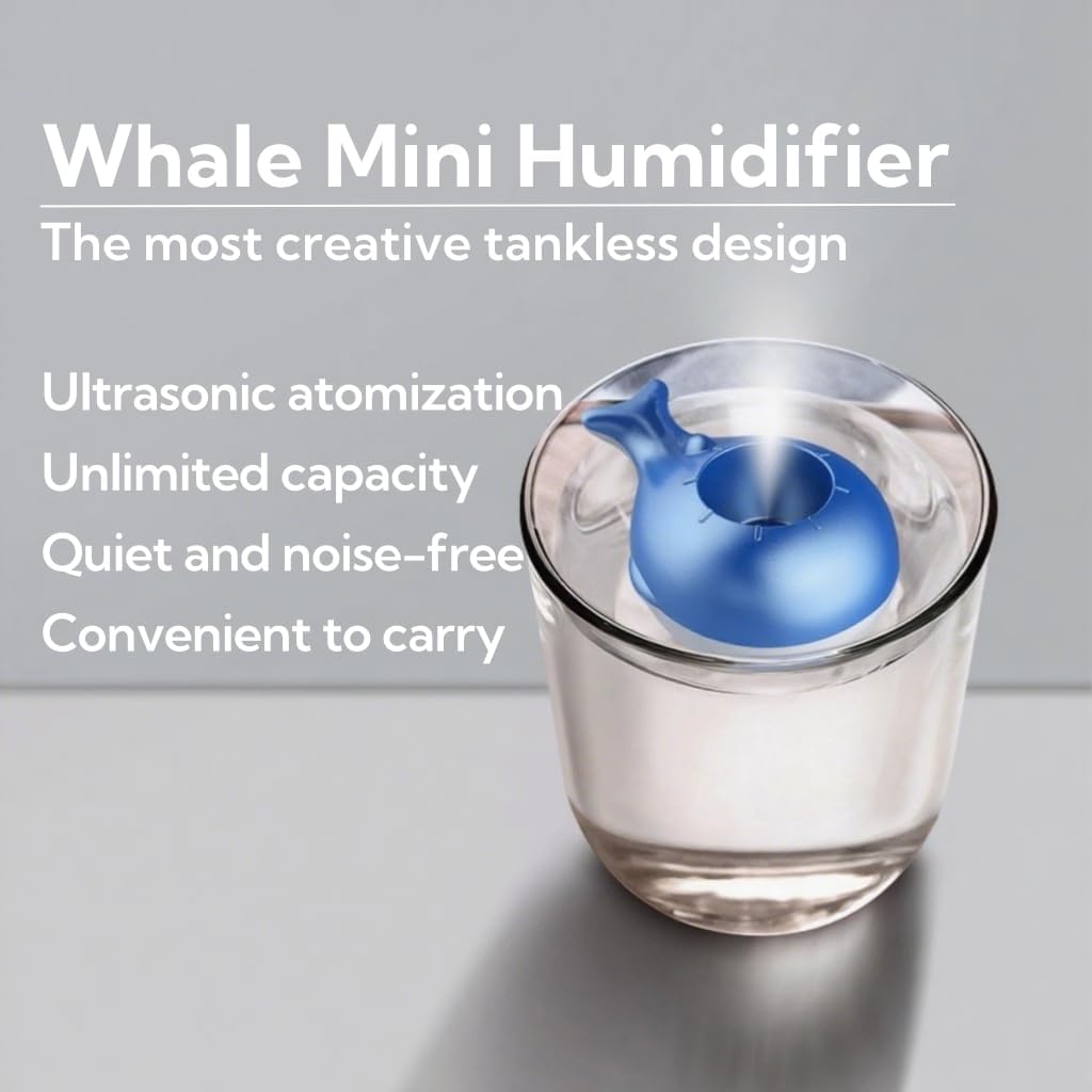 Portable Small Humidifier Dual Nozzle - Large Cool Mist Humidifiers Double Spray Ports, Water Shortage Protection, Ultra-Quiet, Mini Humidifier for Bedroom Plants Office Car Travel (Whale Tankless)
