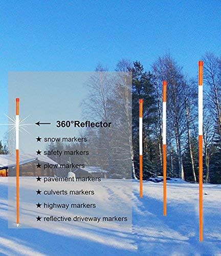 FiberMarker 20 Pack 48 Inch Driveway Markers for Snow Plowing Stakes, 1/4 Inch Dia Orange with Reflective Tape Driveway Reflectors, Hollow Snow Poles