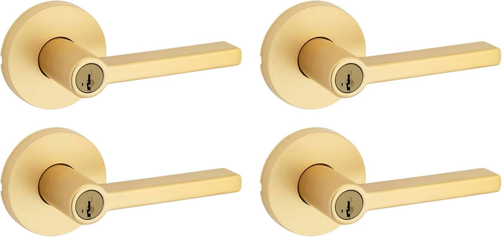 Kwikset Halifax Entry Door Handle with Lock and Key, Secure Keyed Reversible Lever Exterior, for Front Entrance and Bedrooms, Satin Brass, 4 Pack, Pick Resistant SmartKey Rekey Security