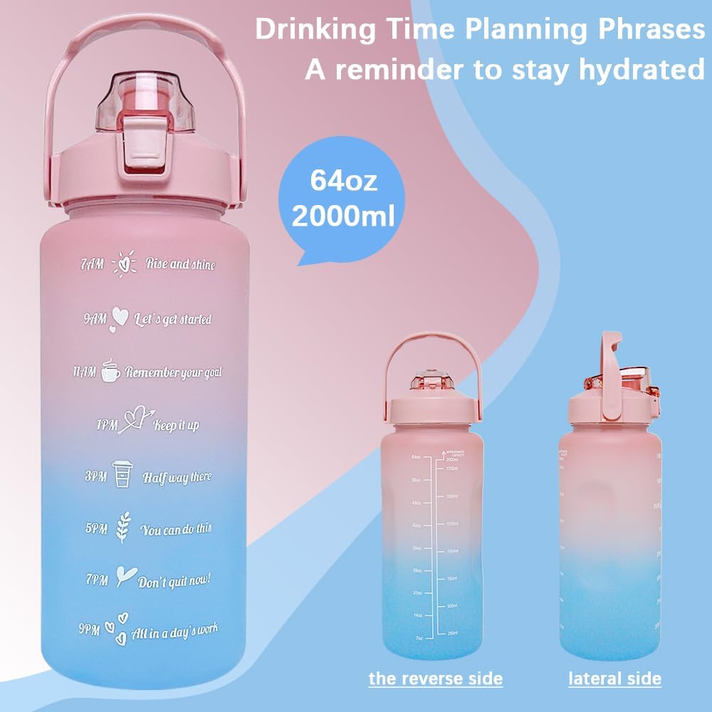 64 oz Large Capacity Water Bottle with Motivational Time Markers and Straw, Portable, Leakproof, BPA Free for Fitness, Gym and Outdoor Sports. (Pink)