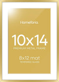 Homeforia 10x14 Picture Frame Gold, High End Metal 10x14 Poster Frames with Mat for 8x12, 10 x 14 Gold Frame Matted to 8 x 12 inch Photo, 10by14 Thin Hanging Frames, Tempered Glass, Wall Kit, Set of 1