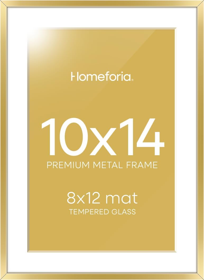 Homeforia 10x14 Picture Frame Gold, High End Metal 10x14 Poster Frames with Mat for 8x12, 10 x 14 Gold Frame Matted to 8 x 12 inch Photo, 10by14 Thin Hanging Frames, Tempered Glass, Wall Kit, Set of 1