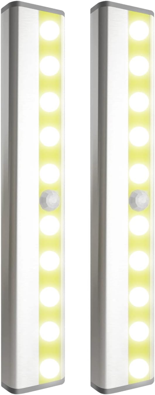 Motion Sensor Closet Lights, LED Cordless Under Cabinet Lighting, Wireless Stick-on Anywhere Battery Operated 10 LED Motion Sensor Night Light, Safe Lights for Cabinet Wardrobe Stairs (2 Packs)