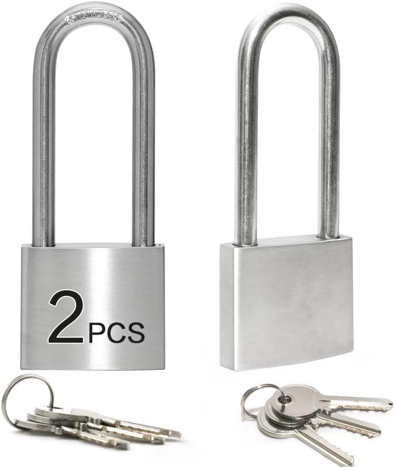 LanuBe 304 Stainless Steel Keyed Alike Padlocks for Outdoor use, Pin Tumbler Padlock, 2 inch Wide Body, Stainless Steel Body Long Shackle, Pack of 2