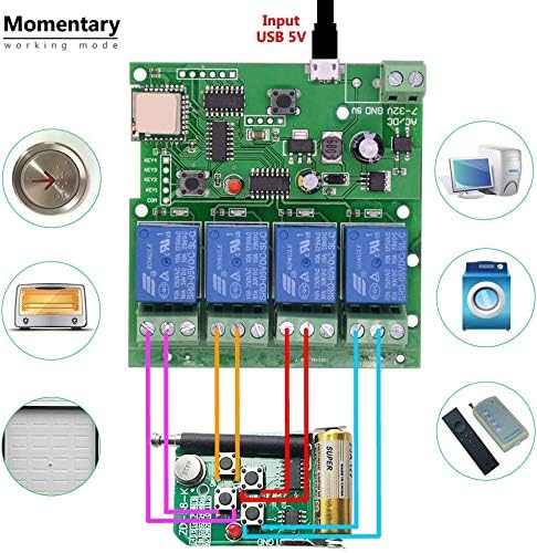 WiFi Wireless Inching Relay Monentary/Self-Locking Switch Module DIY Smart Home Remote Control DC 5-32V AC90-260V Ewelink App iOS/Andriod Compatible with Alexa Echo Google Home IFTTT (DC4)