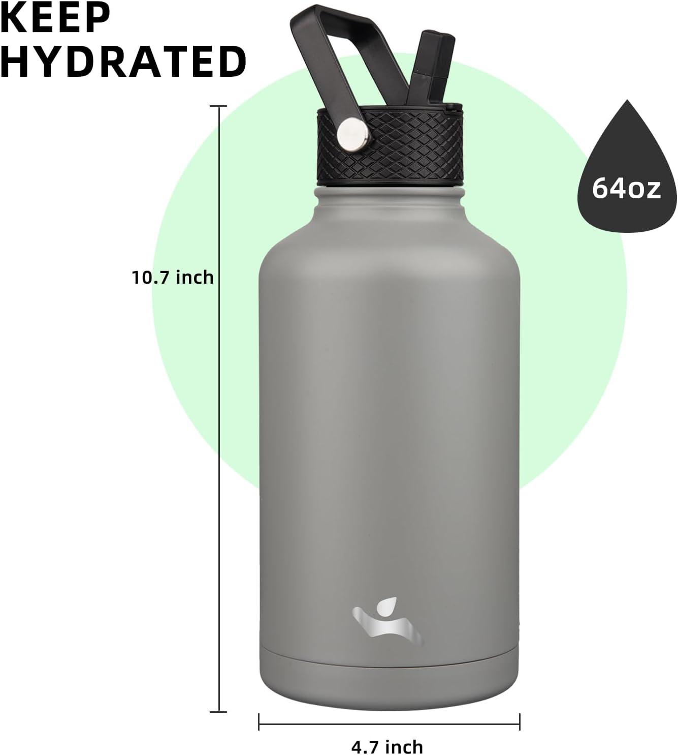 Half Gallon Insulated Water Bottle with Straw,64 oz 3 Lids Water Jug with Carrying Bag,Paracord Handle,Double Wall Vacuum Stainless Steel Metal Flask,Gray