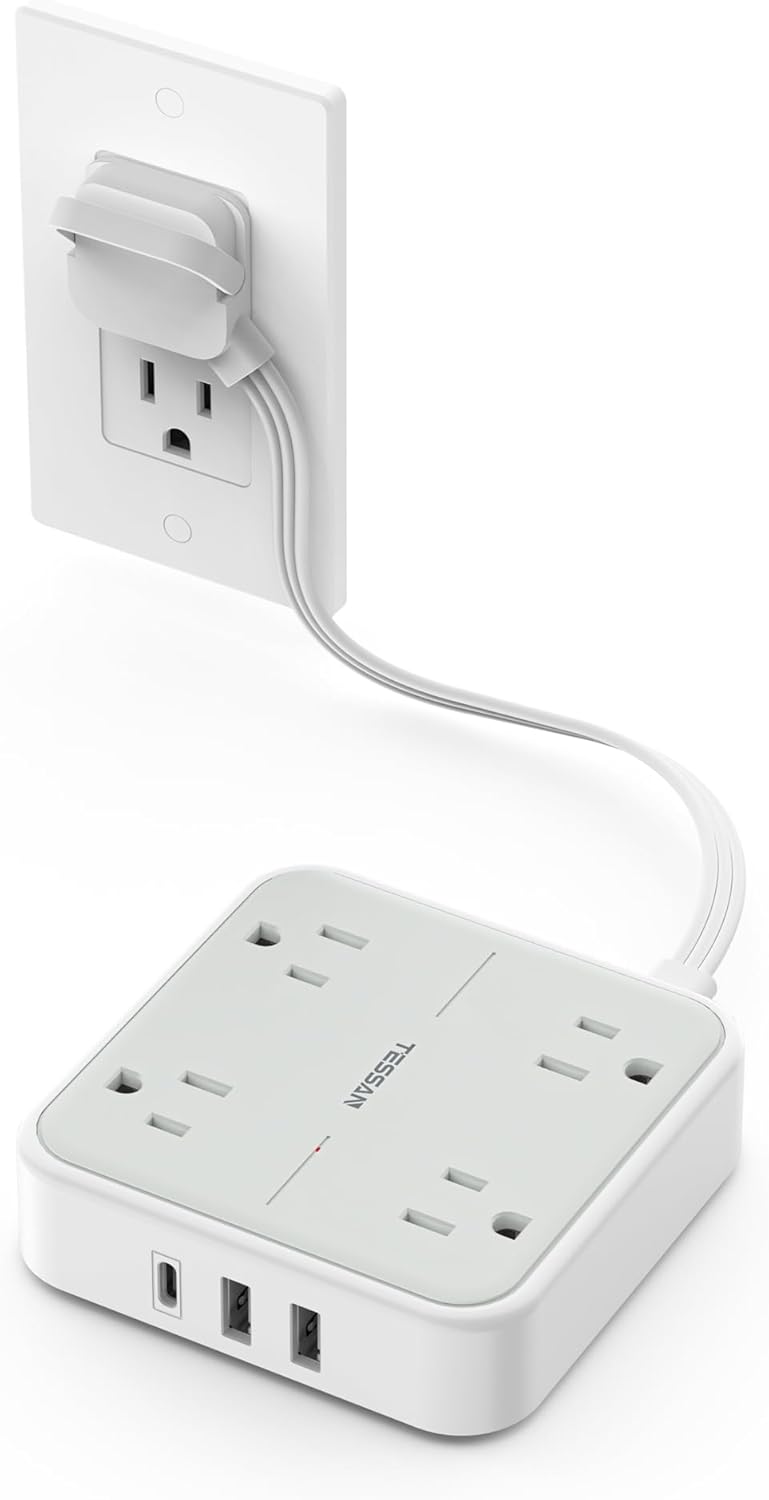 TESSAN Surge Protector Power Strip, 1 Ft Ring Pull Short Extension Cord with Multiple Outlets, 3 USB (1 USB C) 4 Outlets, 900J Surge Protection, Desktop Charging Station for Home, Office, Dorm Room