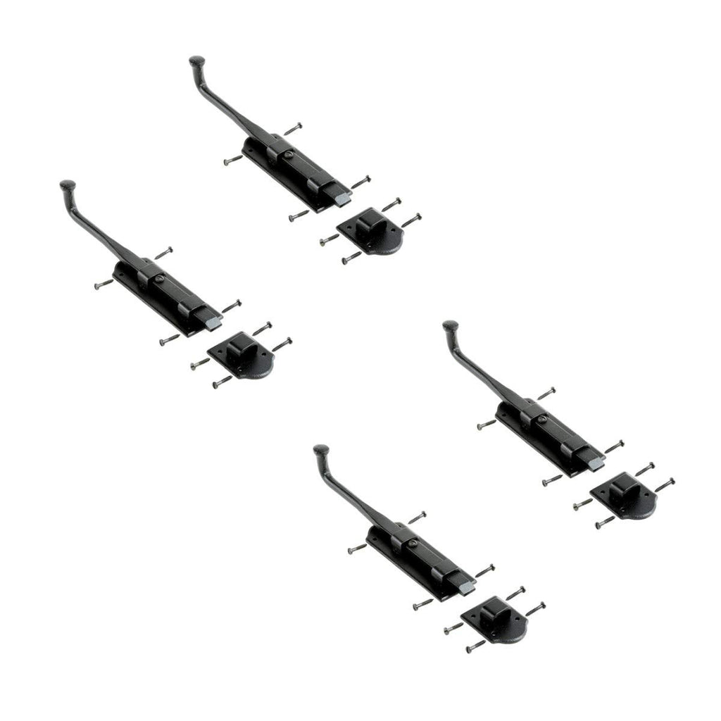 Renovators Supply Manufacturing Black Slide Bolt Door Latch 9 in. Long Black Iron Metal Sliding Bolts with Catch for Cabinet, Barn Doors Or Fence Rust Resistant Security Locks with Hardware Pack of 4