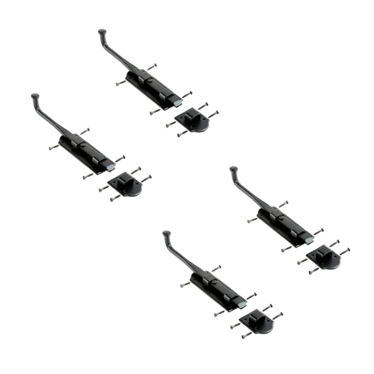 Renovators Supply Manufacturing Black Slide Bolt Door Latch 9 in. Long Black Iron Metal Sliding Bolts with Catch for Cabinet, Barn Doors Or Fence Rust Resistant Security Locks with Hardware Pack of 4