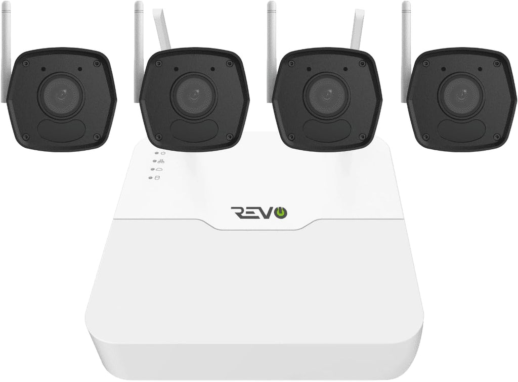 Revo Ultra Wireless 4-Channel Security System NVR with 1TB HDD, 4X 1080p (2MP) Indoor/Outdoor IR Wi-Fi Bullet Cameras, 105° Coverage, Remote Access via Smartphone, PC and MAC (No Monthly Fees)