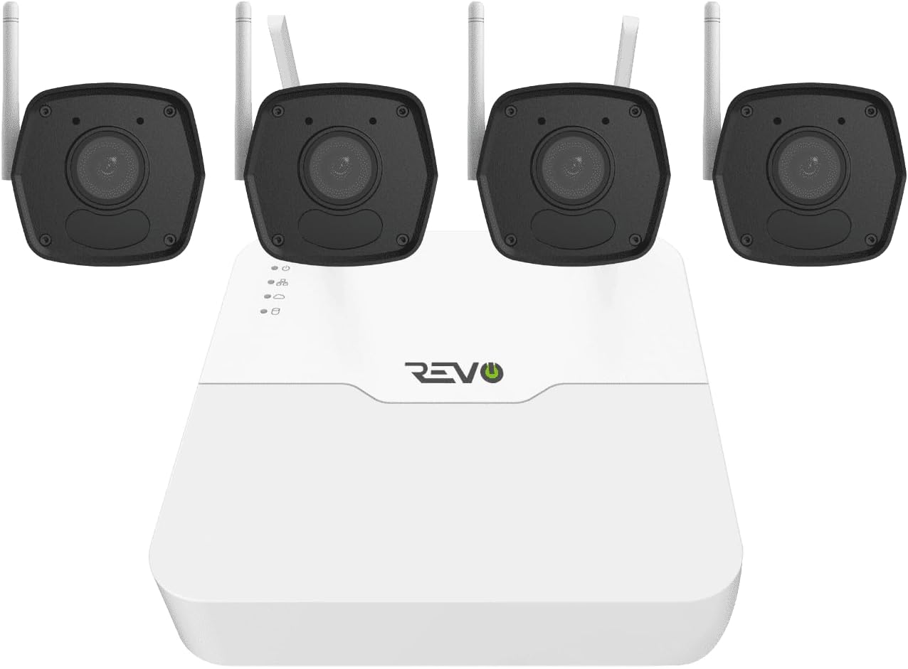 Revo Ultra Wireless 4-Channel Security System NVR with 1TB HDD, 4X 1080p (2MP) Indoor/Outdoor IR Wi-Fi Bullet Cameras, 105° Coverage, Remote Access via Smartphone, PC and MAC (No Monthly Fees)